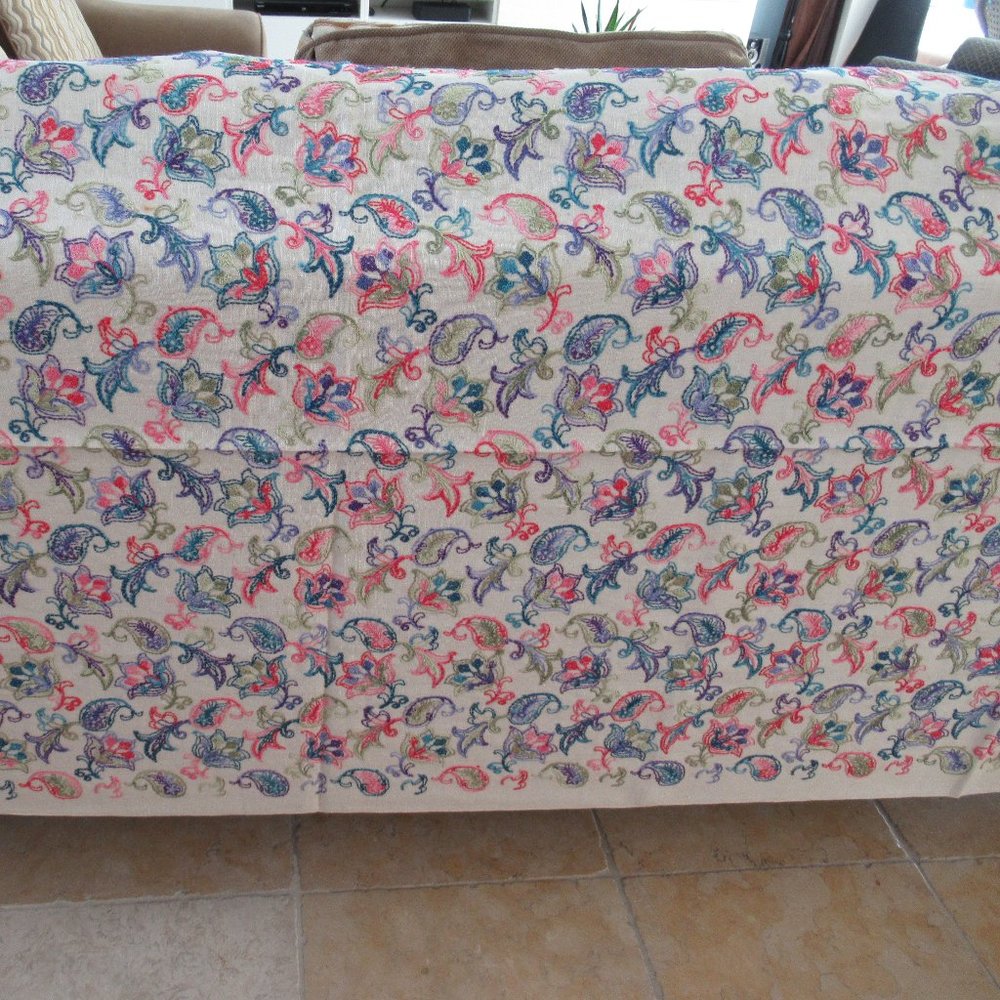 RARE, Vintage, Embroidered Linen Fabric Floral Multicolor Design 3 yards Piece